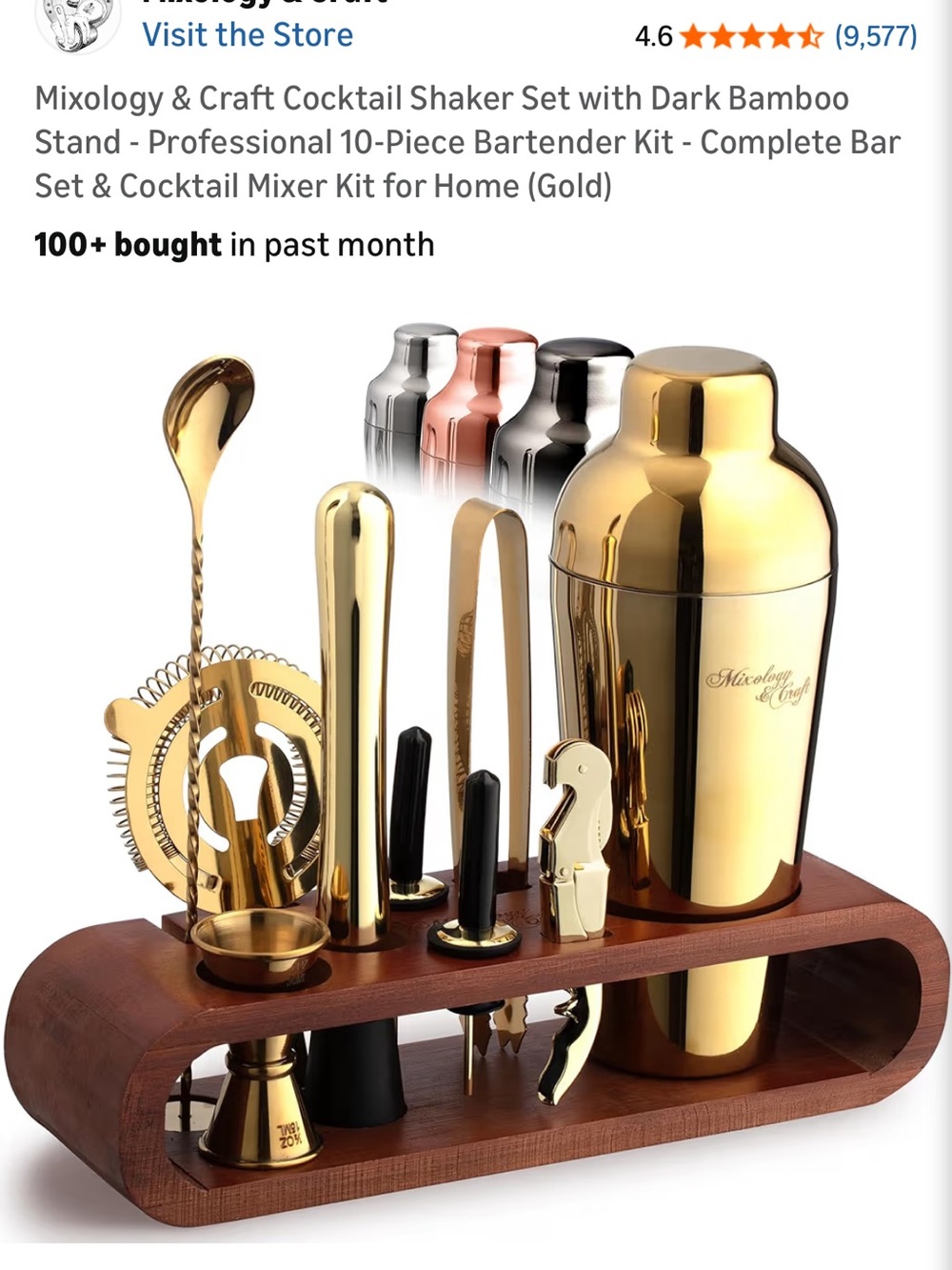Gold Cocktail Shaker Set with Bamboo Stand